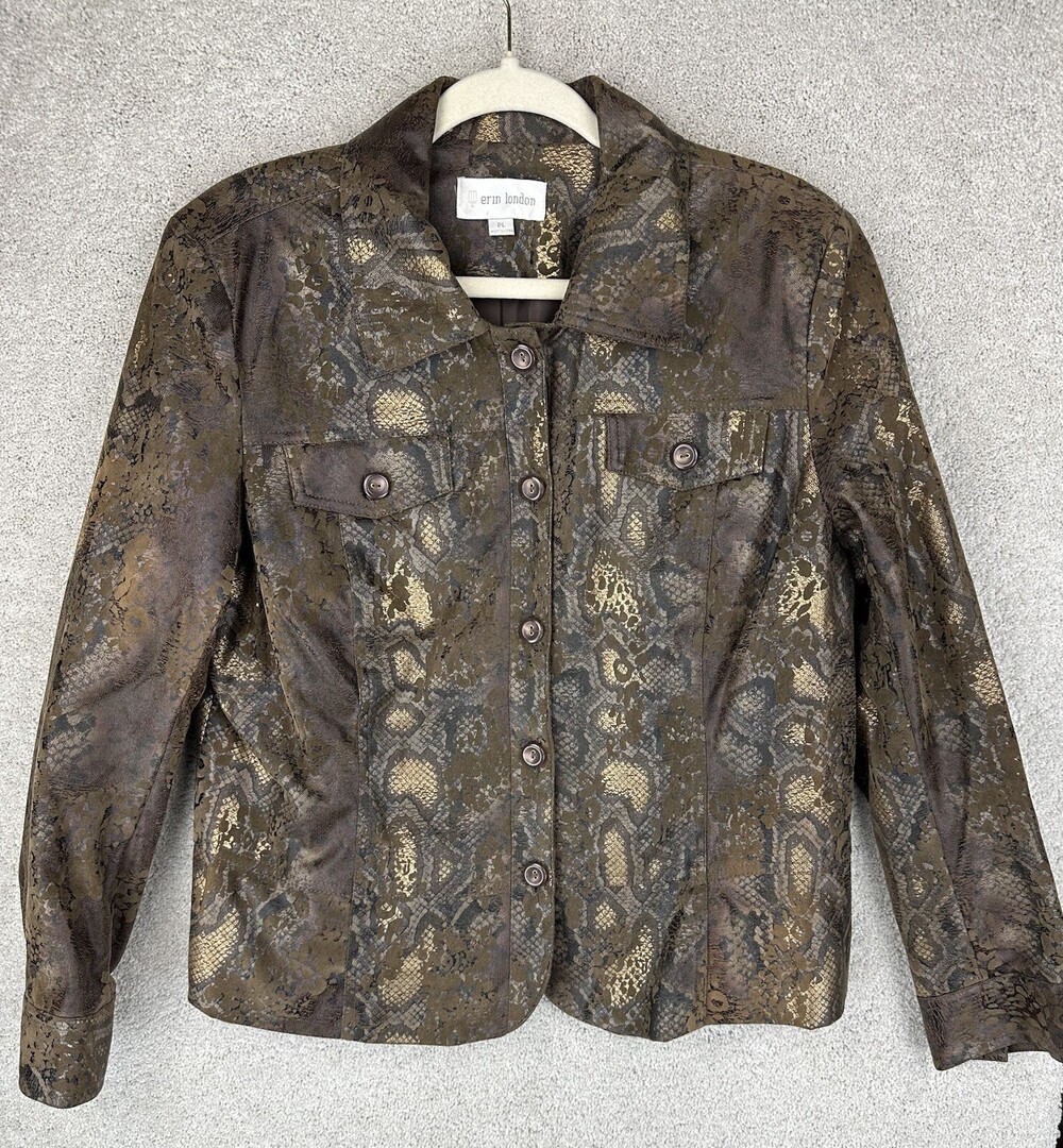 Erin London Faux Alligator Snake Skin Jacket Womans Petite Large Brown
